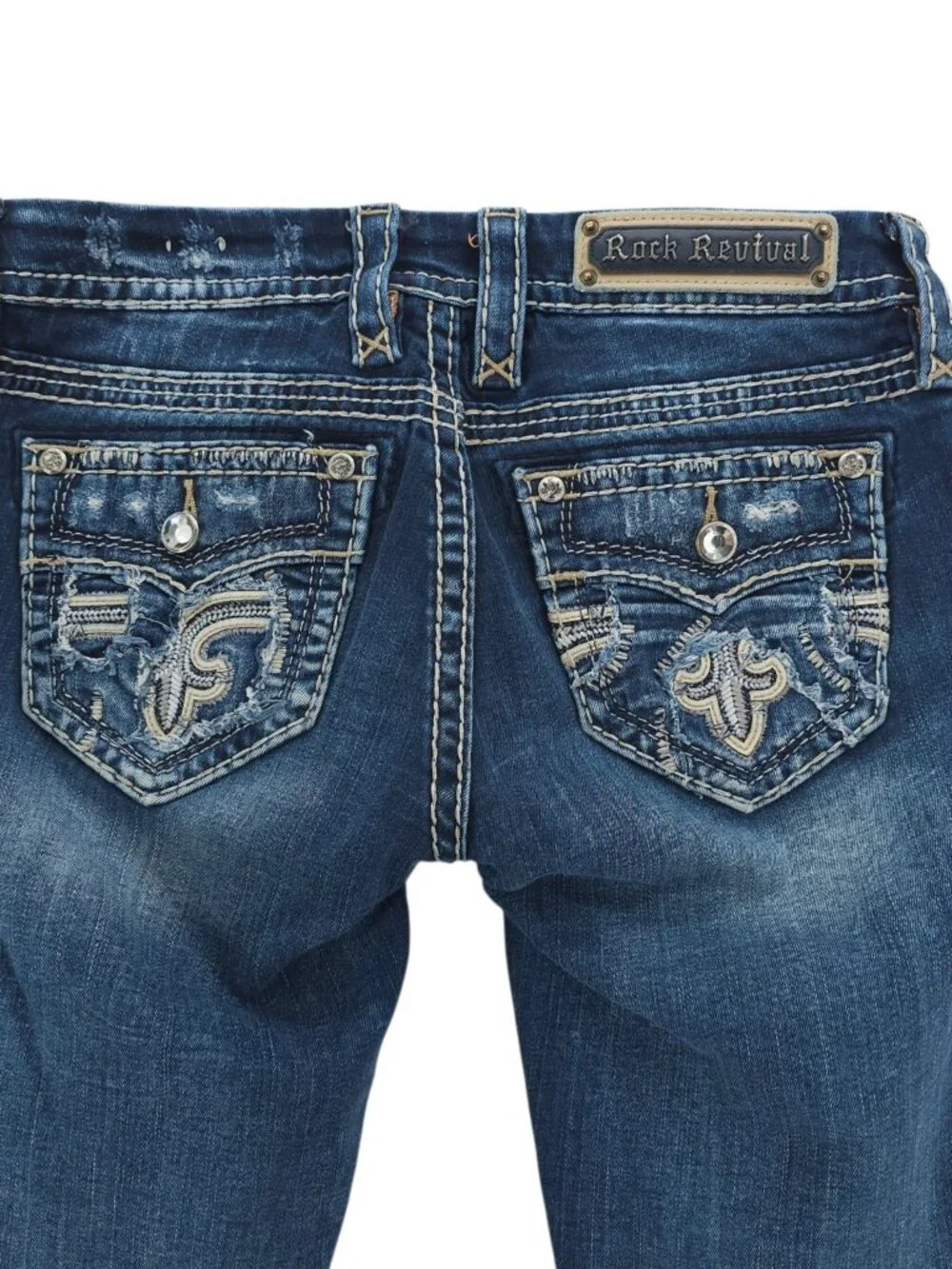 ROCK REVIVAL Carden Straight Blue Jeans Distressed Embellished Size 26